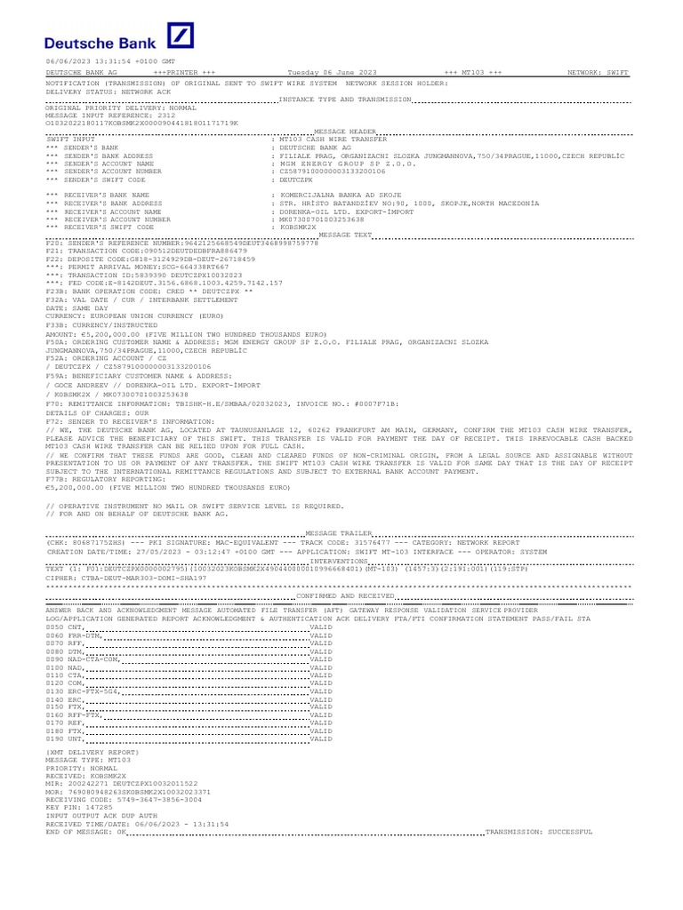 06.06.2023 Swi̇ft Deutsche Bank | PDF | Wire Transfer | Service Industries