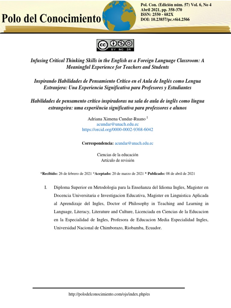 Critical Thinking in EFL Classrooms | PDF | Critical Thinking | Thought