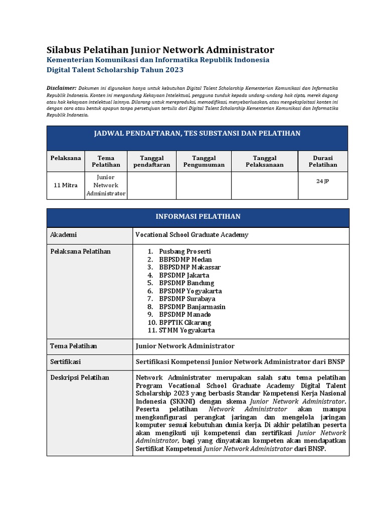 Silabus Pelatihan Junior Network Administrator | PDF | Komputer