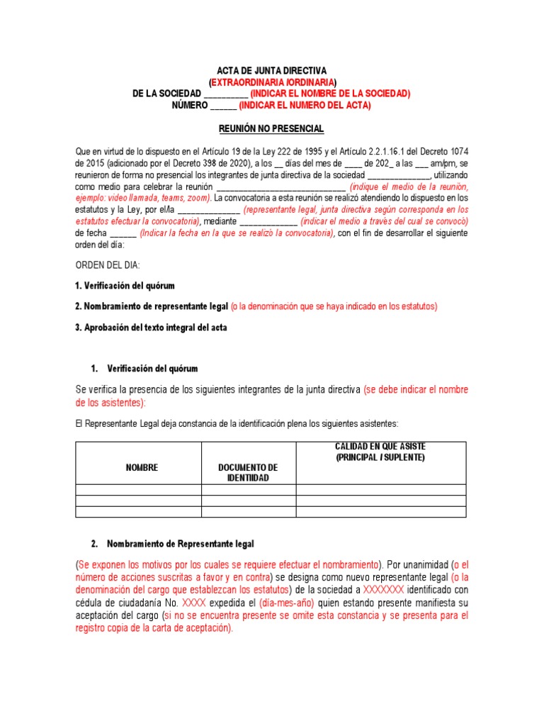 Modelo Acta Junta Directiva | PDF