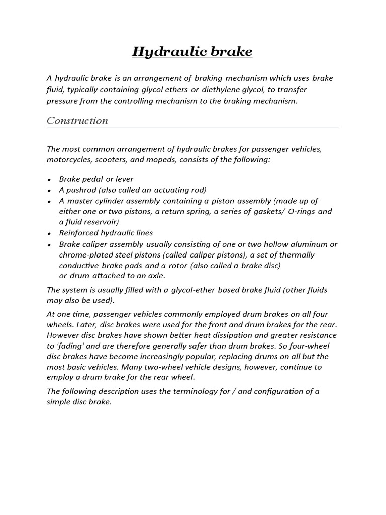 Hydraulic Brake PDF Mechanical Engineering Vehicle Technology