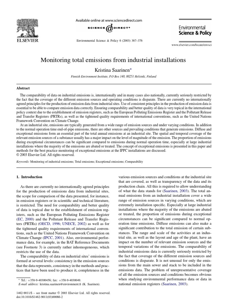 Saarinen K. Monitoring Total Emissions From Industrial Installations