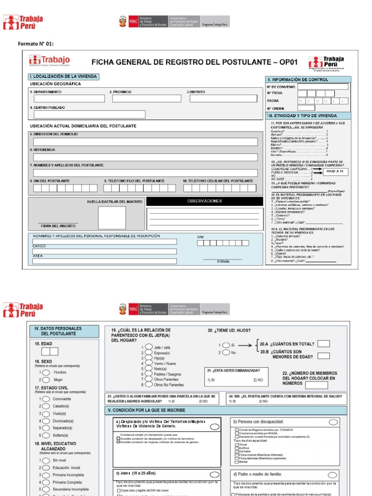 Ficha General De Registro De Postulantes Op 01 Y Anexos Pdf