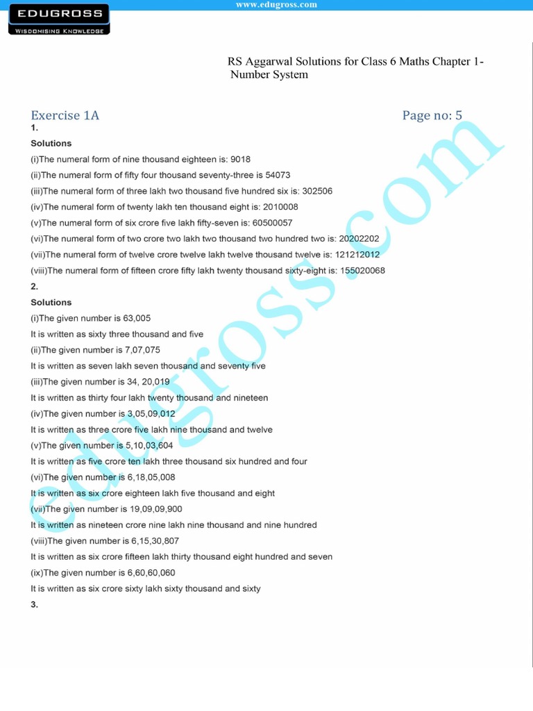 r s Agarwal Maths Solutions Class 6 Chapter 1 | PDF