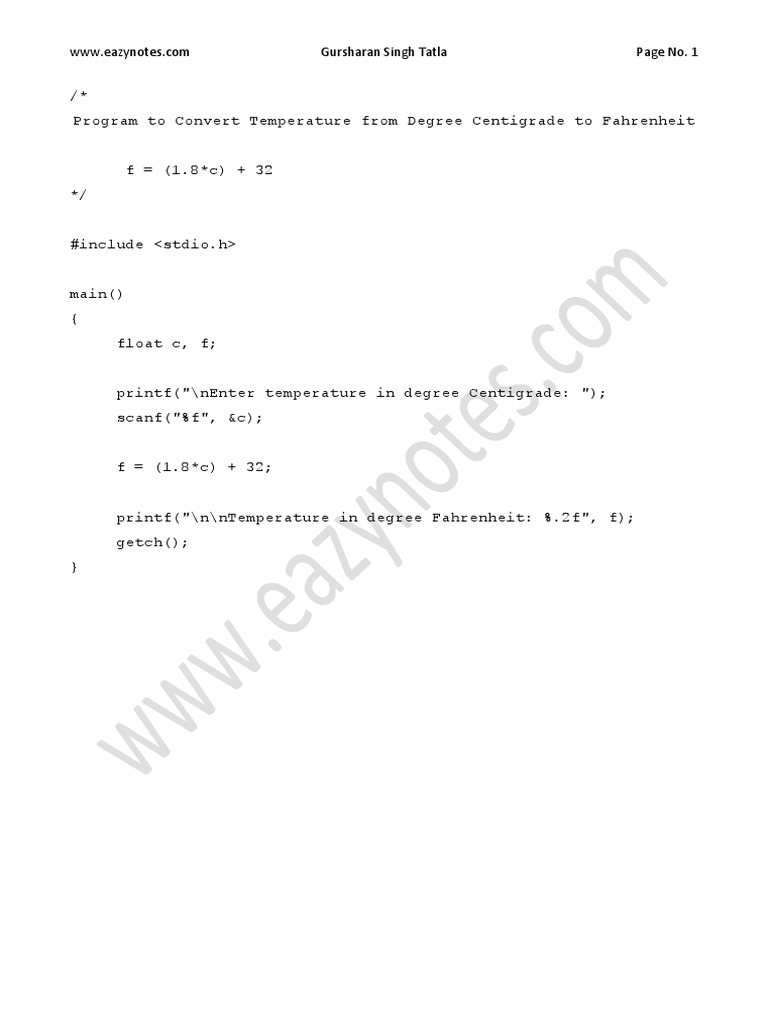 Program to convert temperature from degree centigrade to fahrenheit pdf