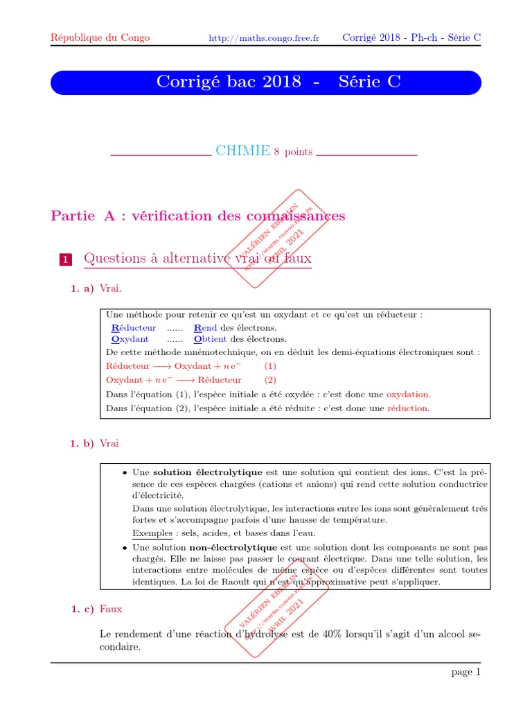 Corrigé Bac 2018 - Physique-Chimie C | PDF