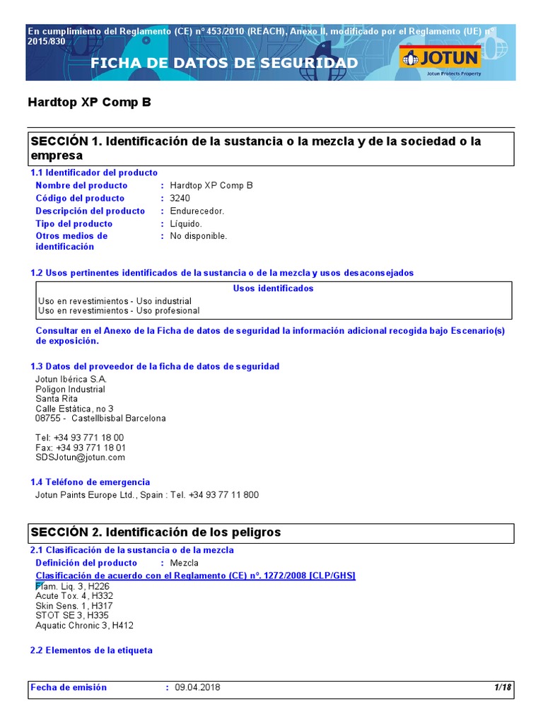 Ficha de Seguridad Hardtop XP Comp B | PDF | Agua | Asma