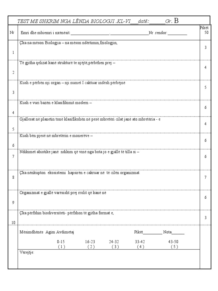 Test Me Shkrim Nga Lënda Biologji .Kl-Vi - Datë: - GR | PDF