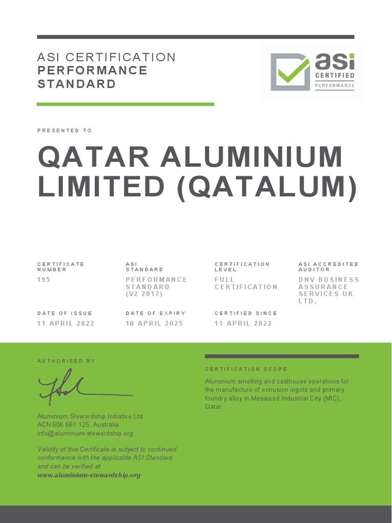 Qatalum ASI Certification Report 195 | PDF | Life Cycle Assessment | Audit