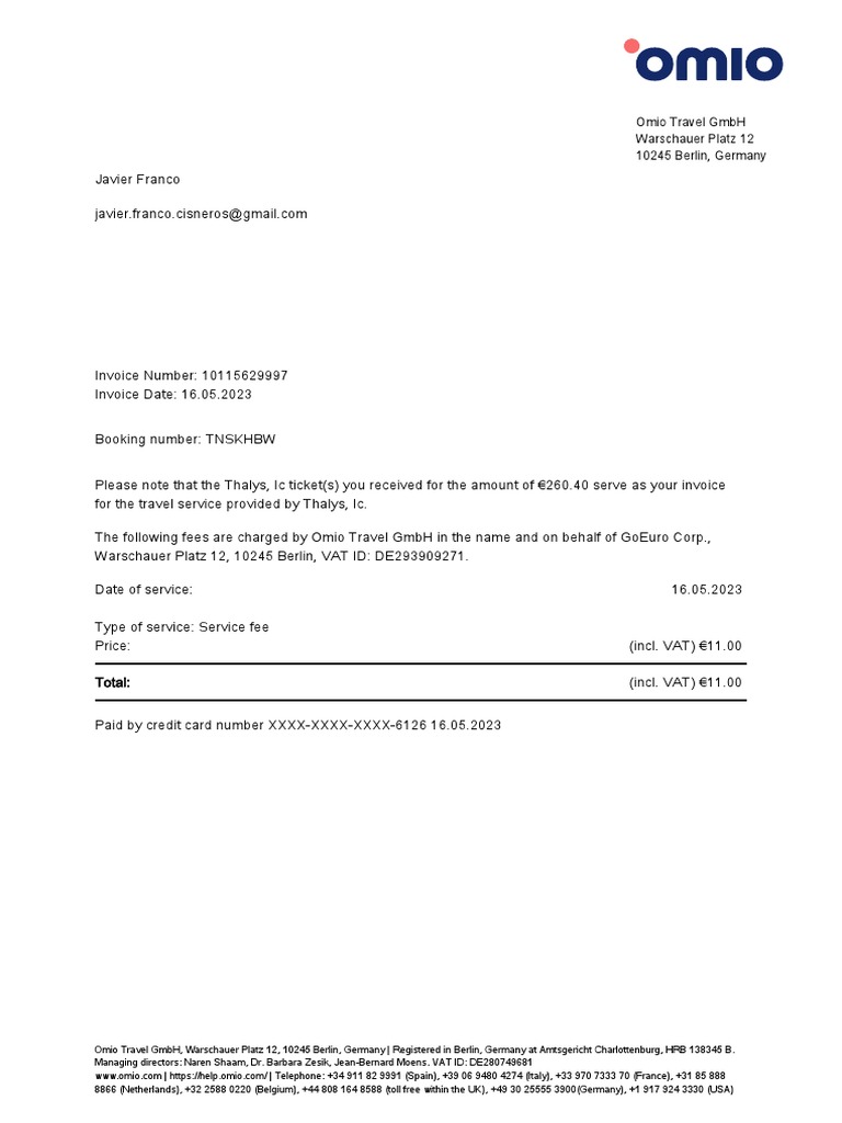 Omio Invoice for Travel Service | PDF