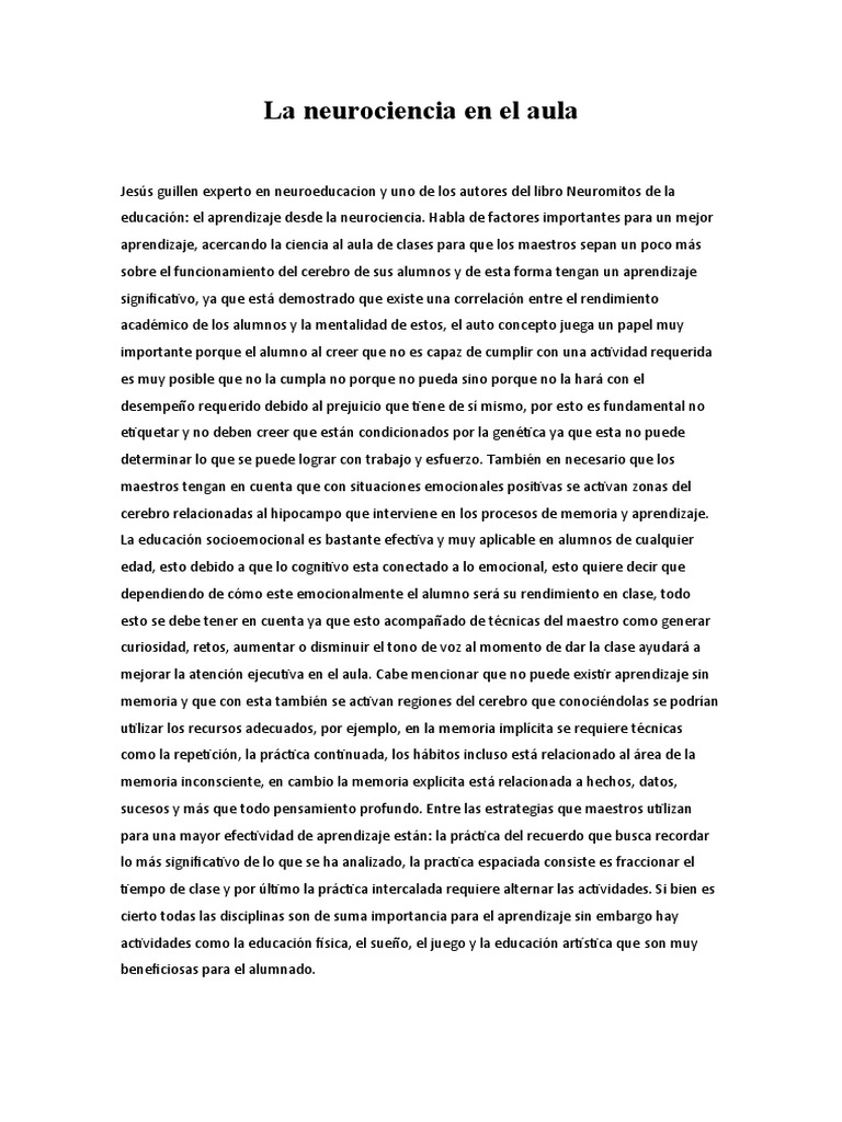 Neurociencia y aprendizaje en el aula | PDF | Aprendizaje | Memoria