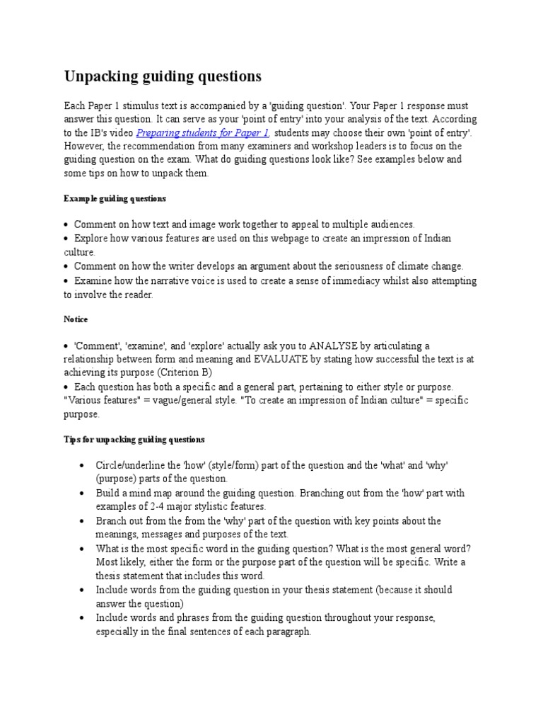Unpacking Guiding Questions for Paper 1 | PDF | Question | Human ...