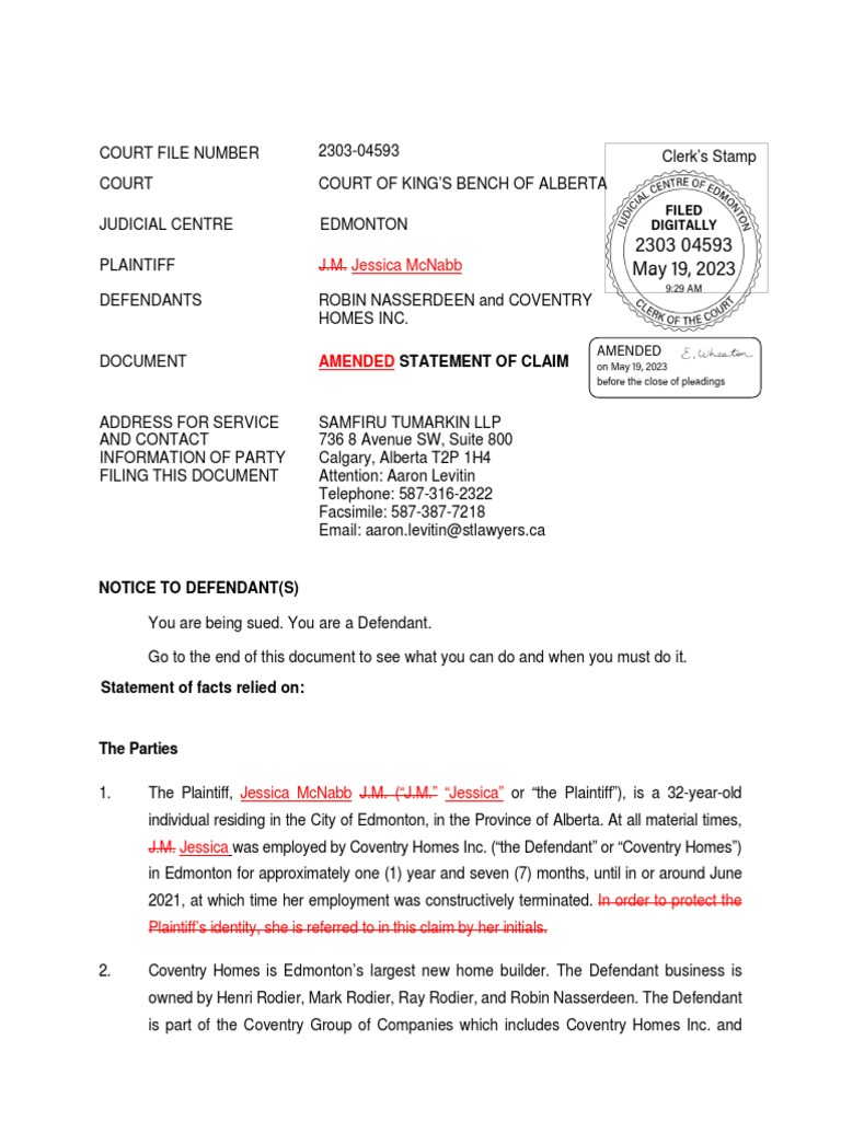 Amended statement of claim1 pdf damages sexual harassment