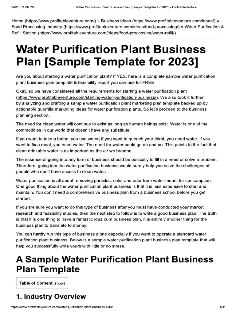 Water Purification Plant Business Plan [Sample Template for 2023] PDF