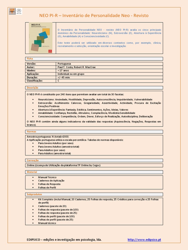 NEO PI-R: Inventário de Personalidade | PDF | Ciência cognitiva ...