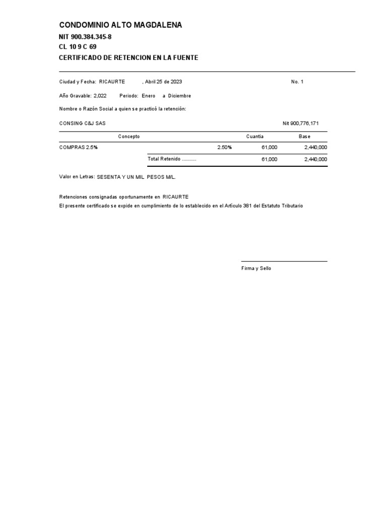 Certifcado de Retencion Consing C&J Sas PDF