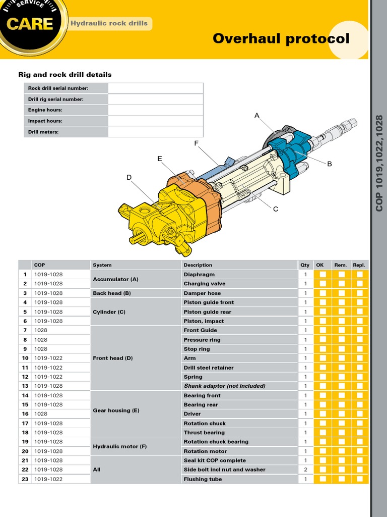 Hydraulic Rock Drill Overhaul Protocol | PDF | Drill | Piston