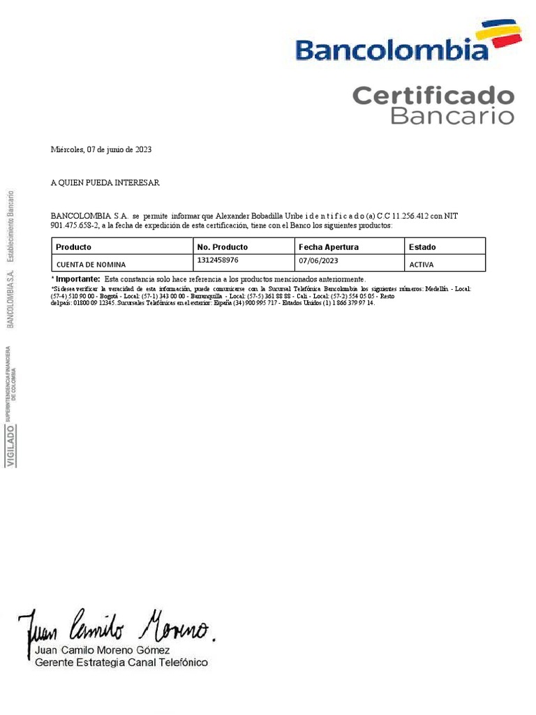 Certificado Bancario Bancolombia PDF