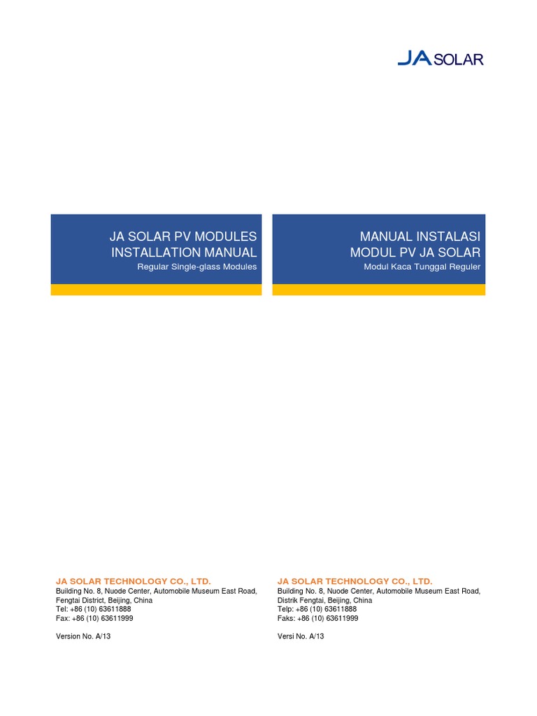 JA Solar Single-Glass Modules Standard Installation Manual | PDF ...