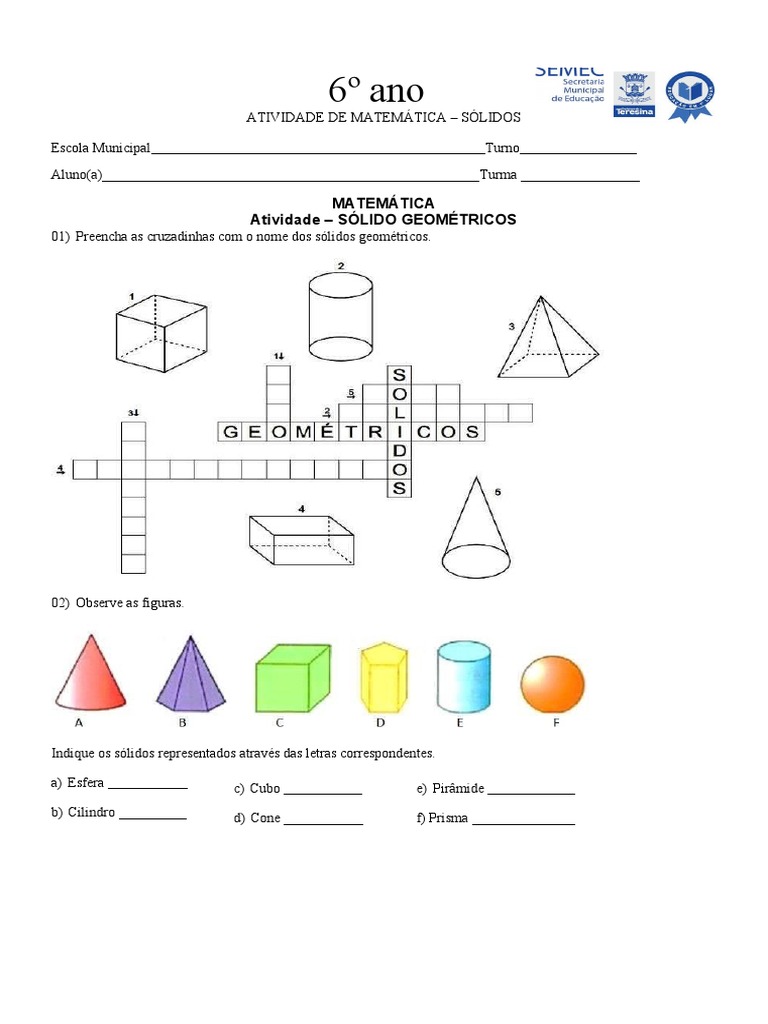 Atividade 6º Ano Sólidos Geométricos 2 | PDF