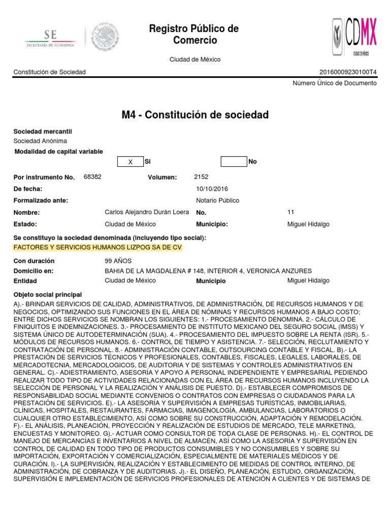 Constitución de FACTORES Y SERVICIOS HUMANOS LIZPOG SA de CV | PDF ...