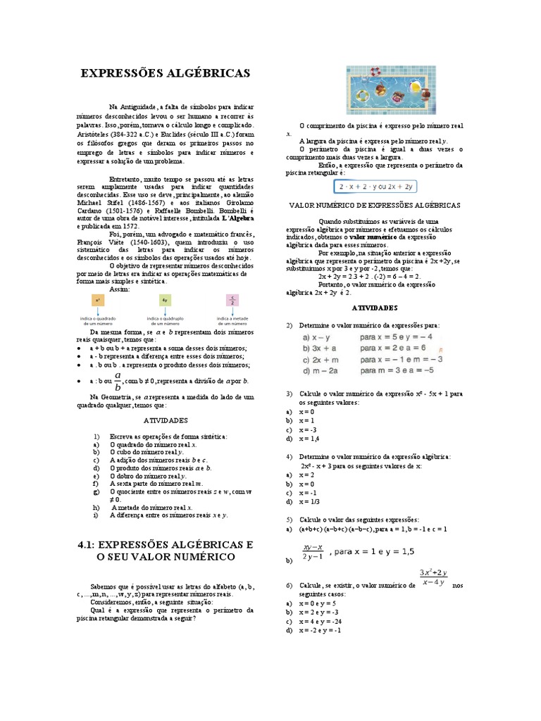 Expressões Algébricas Pdf Número Real Números