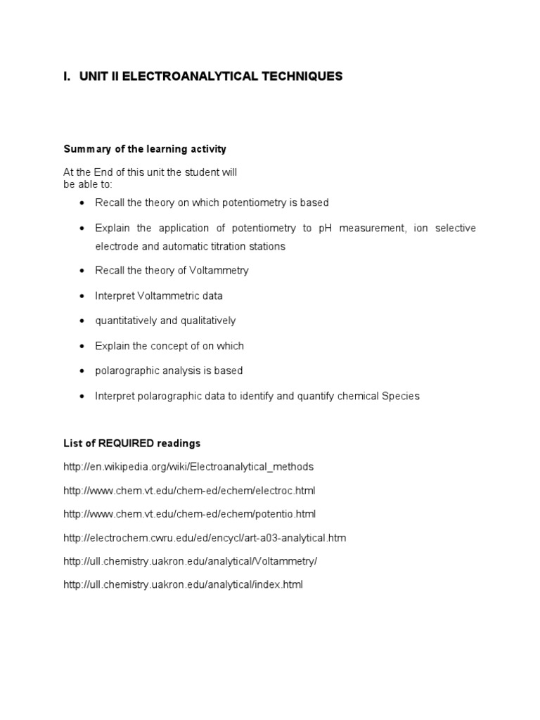 Overview of Electroanalytical Techniques | PDF | Electric Current ...