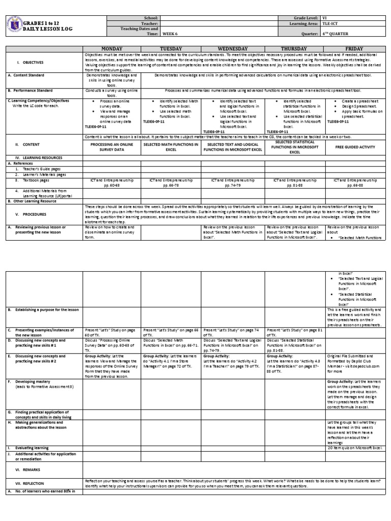 Grade 6 TLE-ICT Week 6 DLL | PDF | Microsoft Excel | Educational Technology