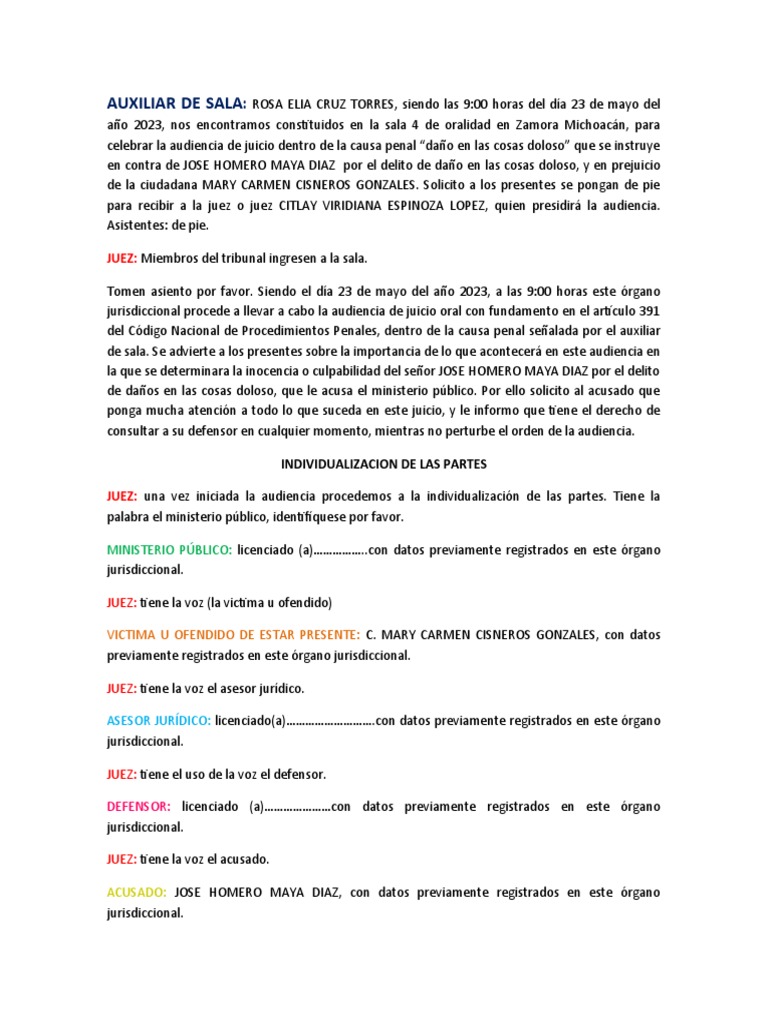 Guion de Audiencia de Juicio Oral Penal | PDF | Juez | Justicia