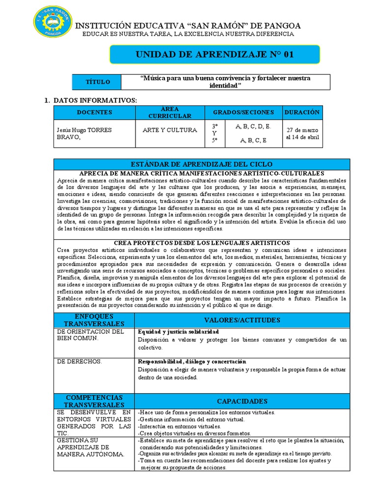 Unidad de Aprendizaje: Arte y Cultura 2024 | PDF | Aprendizaje | Evaluación