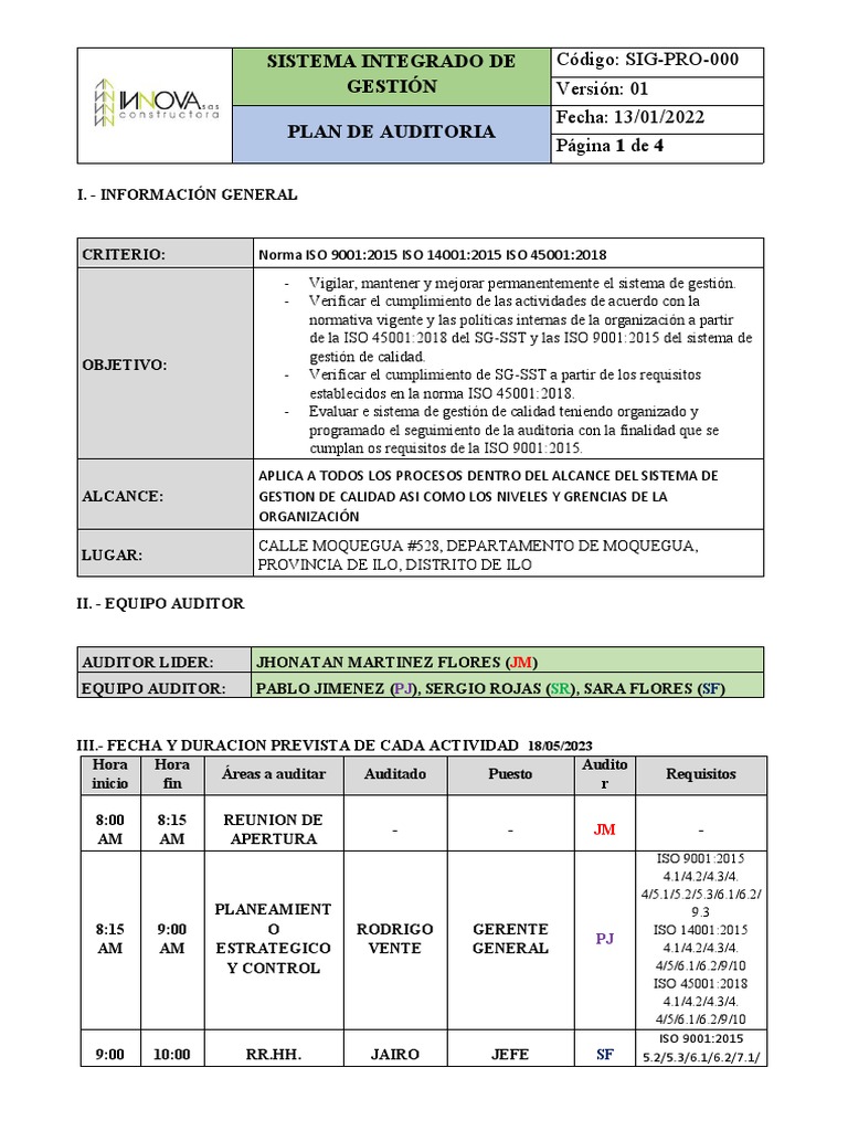 Plan de Auditoría del Sistema de Gestión | PDF | Auditoría | Sistema de ...