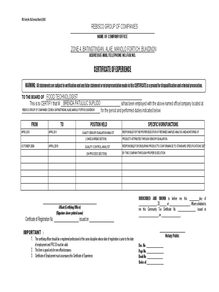PRC Certificate of Experience Template | PDF