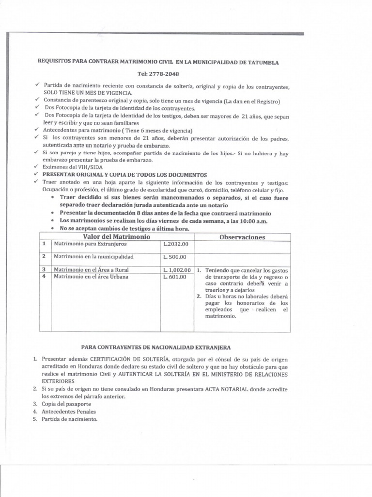 Requisitos para Contraer Matrimonio Civil en La Municipalidad | PDF