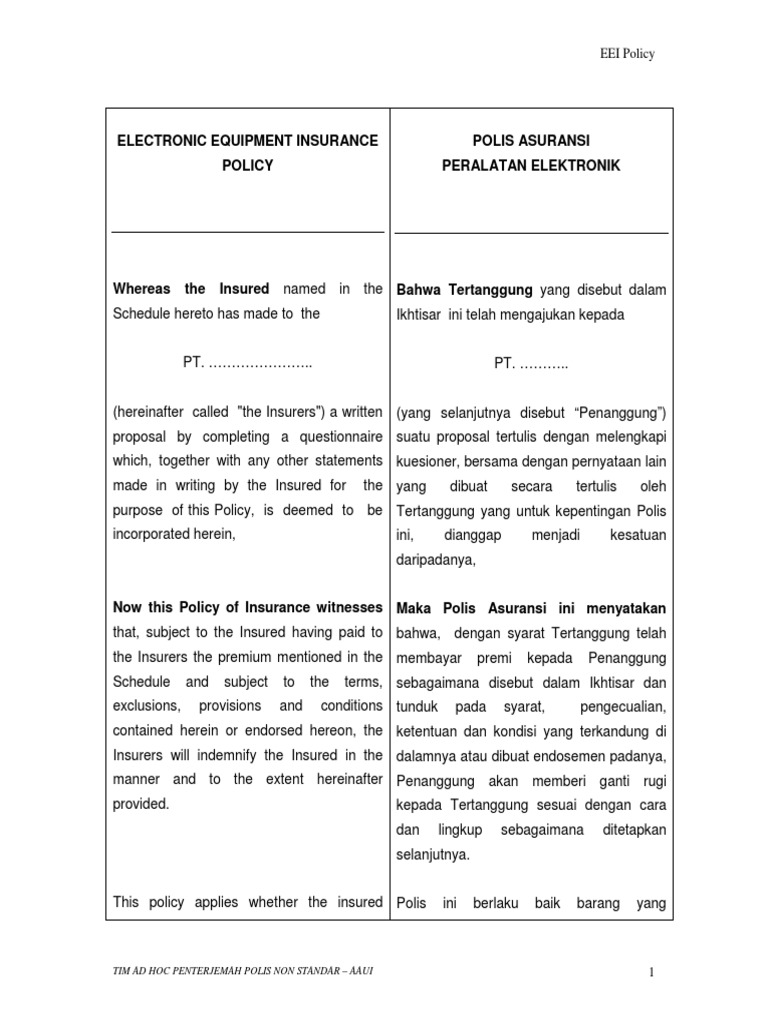 Electronic Equipment Insurance Policy Polis Asuransi Peralatan