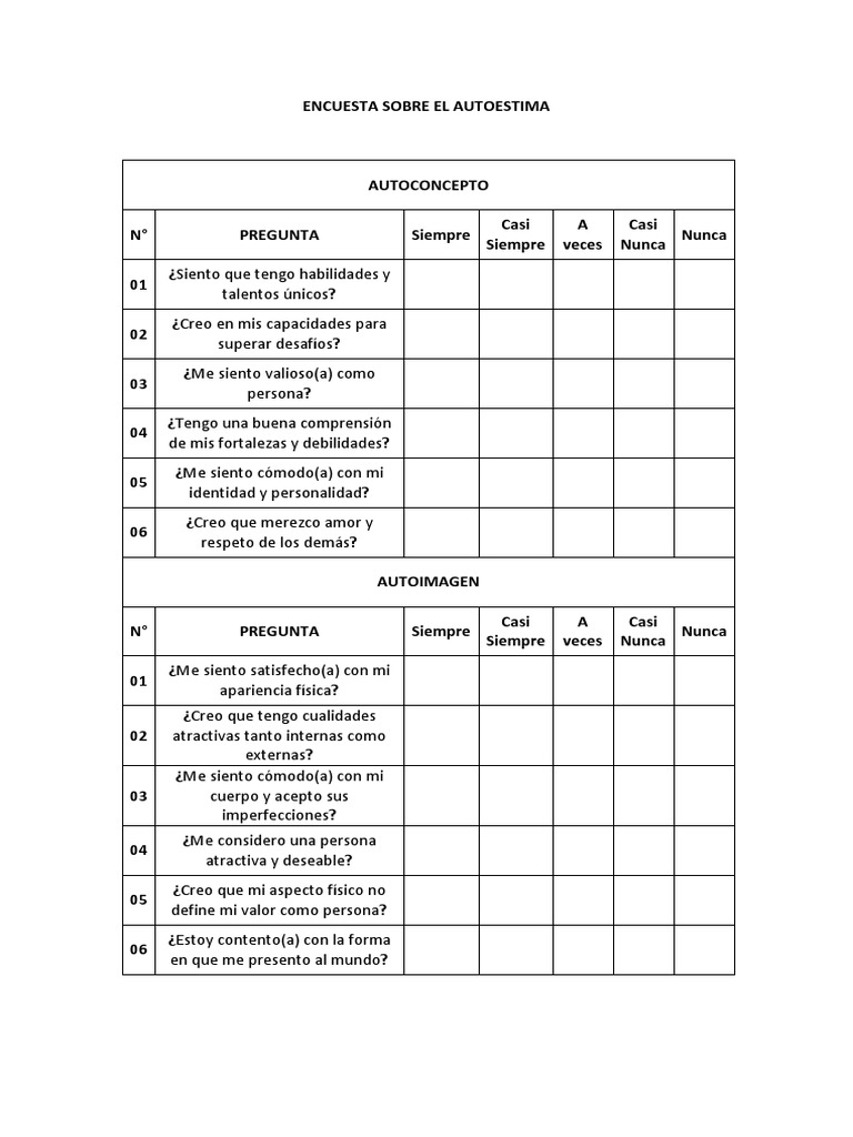 Cuestionario de Autoestima para Adolescentes | PDF | Autoestima | Sicología
