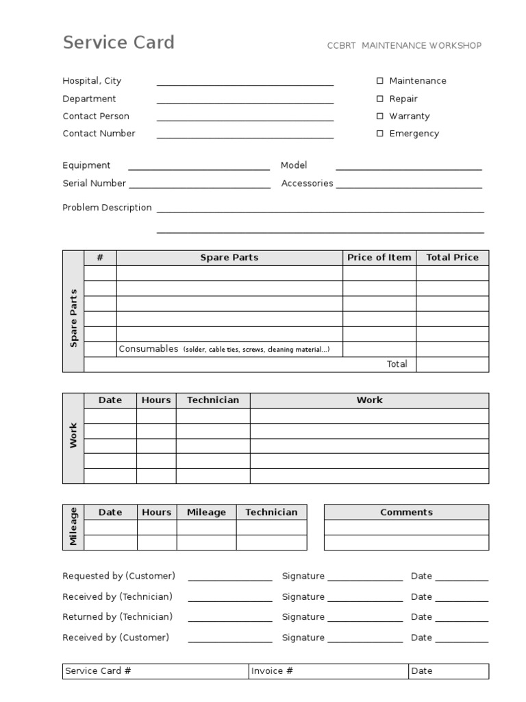 CCBRT Maintenance Service Card | PDF