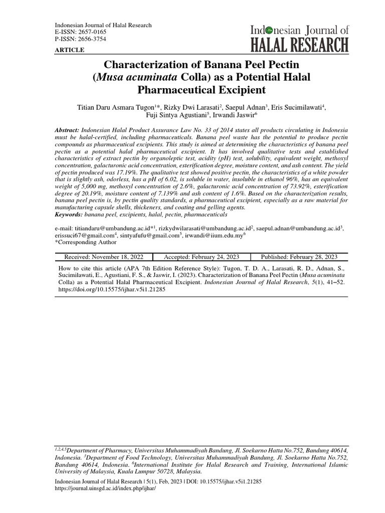 Characterization of Banana Peel Pectin As Potential Halal