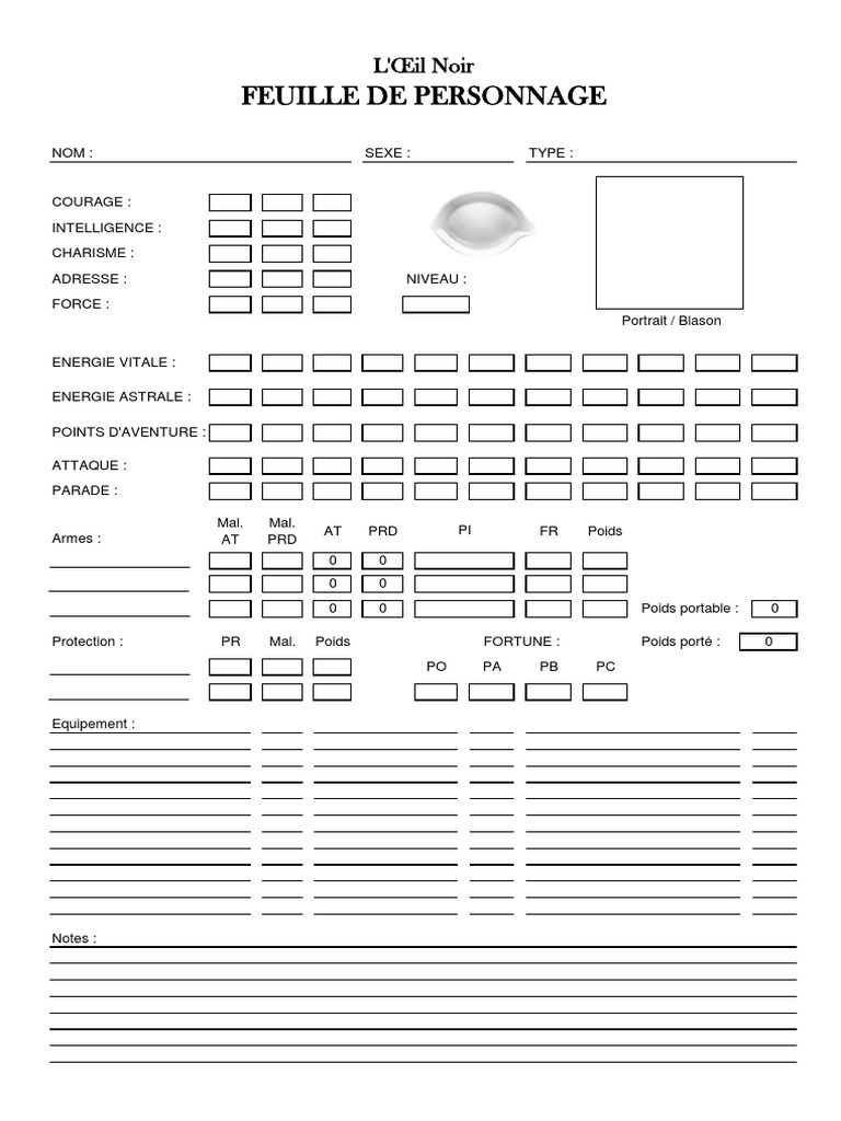 Feuille de personnage L'Œil Noir | PDF