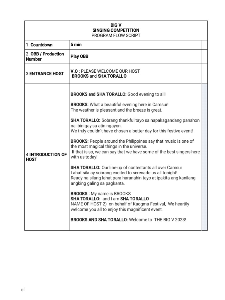 Big V 2023 Singing Competition Script | PDF | Art