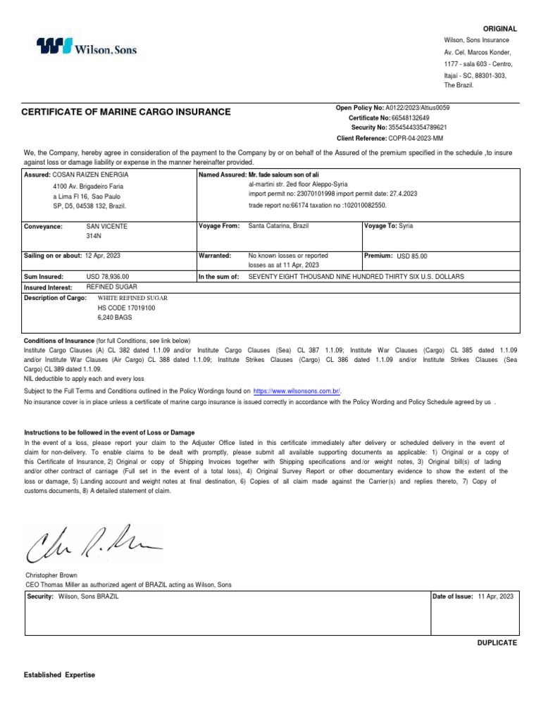 Marine Cargo Insurance Certificate | PDF | Insurance | Business Law