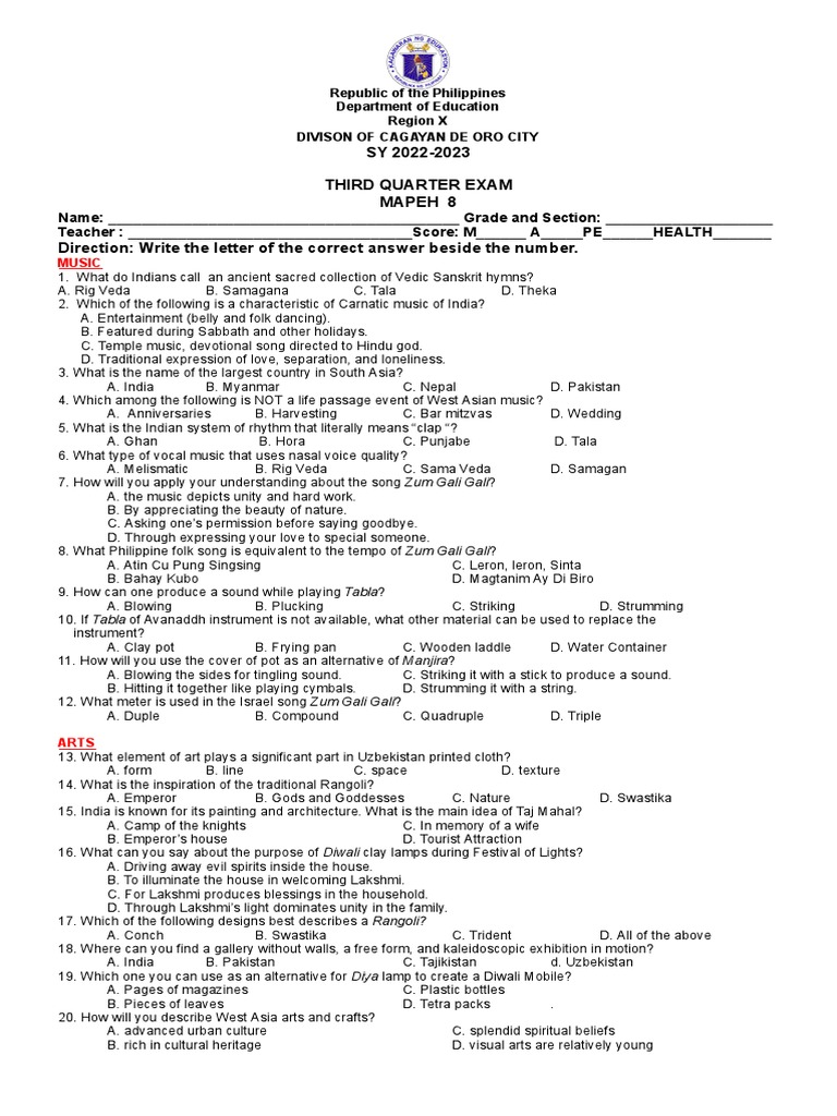 MAPEH Grade 8 3rd Quarter.docx PDF Infection Vedas