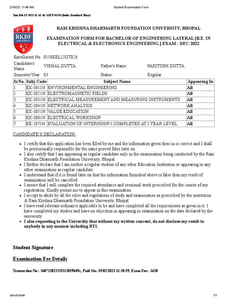 Student Examination Form PDF