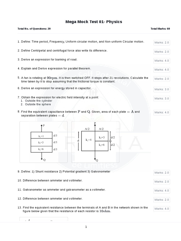 Physics Mega Mock Test 01: 20 Questions | PDF | Magnetic Field | Quantity