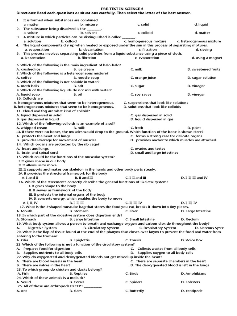 Science Pre-Test for Grade 6 | PDF | Mixture | Human Body