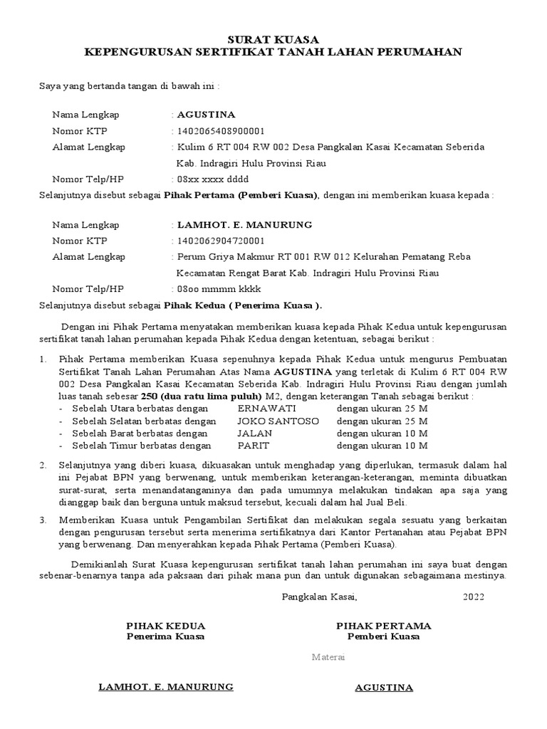 Surat Kuasa Pengurusan Sertifikat Tanah | PDF | Hukum