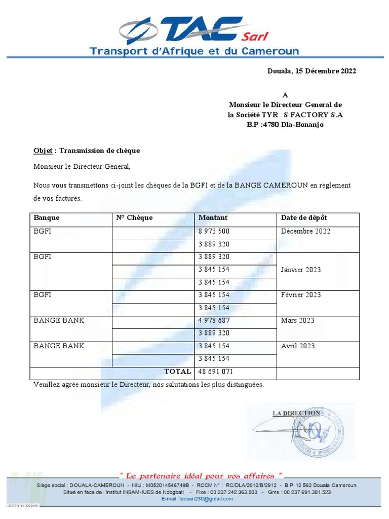 Transmissions de chèque TAC SARL PDF
