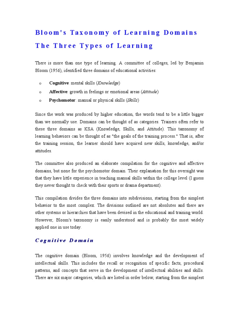 Bloom's Taxonomy of Learning Domains | PDF | Learning | Psychology