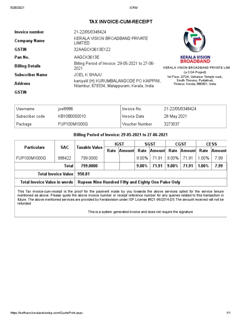Tax InvoiceCumReceipt Kerala Vision Broadband Private Limi PDF Invoice Government
