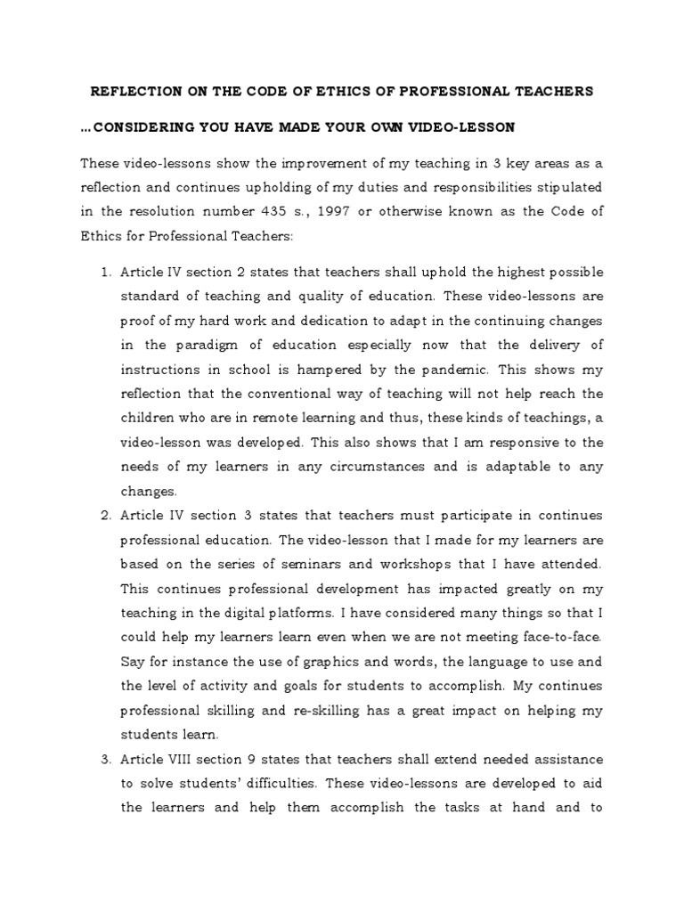 Reflection on Teacher Ethics and Practice | PDF | Social Science