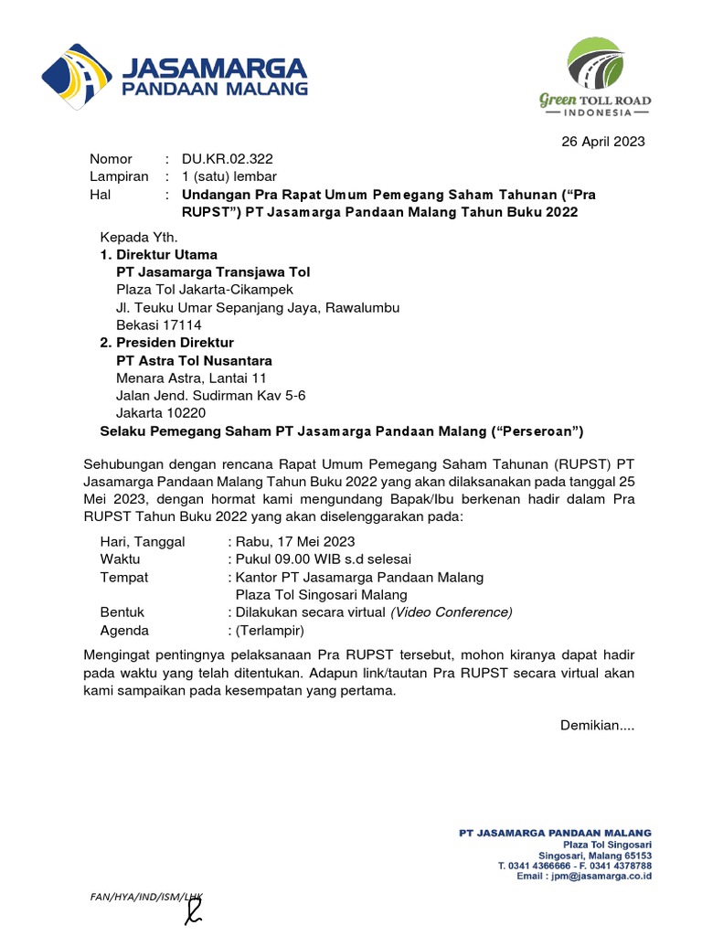 Undangan Pra RUPST PT Jasamarga 2022 | PDF